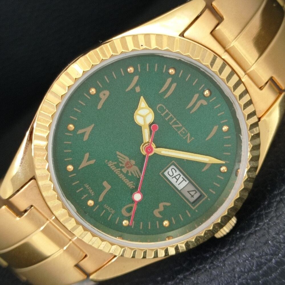 Vintage 1970 Citizen Automatic Mens Gold Watch W/daydate & Green accents